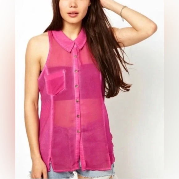We The Free by Free People Sheer Boysenberry Sleeveless Button-Down Top | M - Picture 1 of 7
